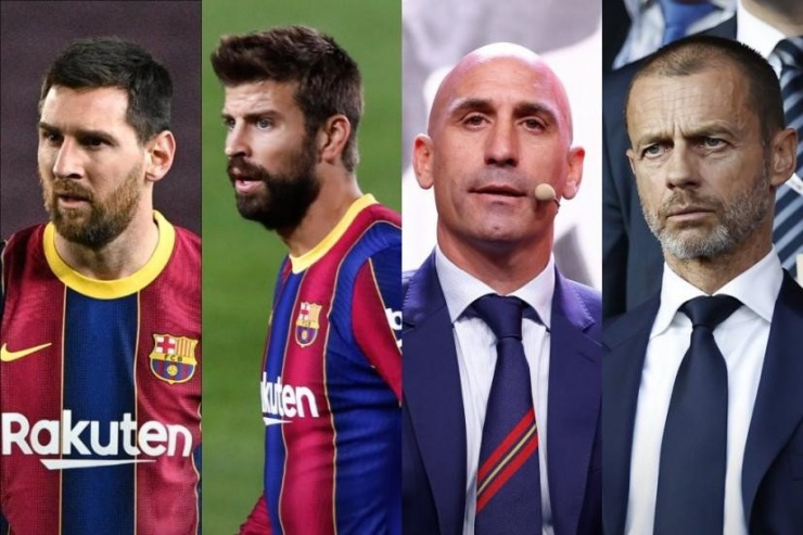 Messi cùng các nhân vật chính của việc chuyển hướng quỹ của UEFA. Ảnh: GETTY.