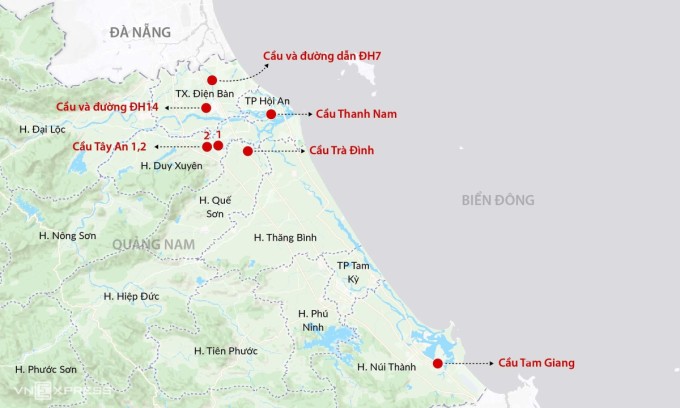 Vị trí 7 cầu chưa có đường dẫn ở Quảng Nam. Đồ họa: Đăng Hiếu