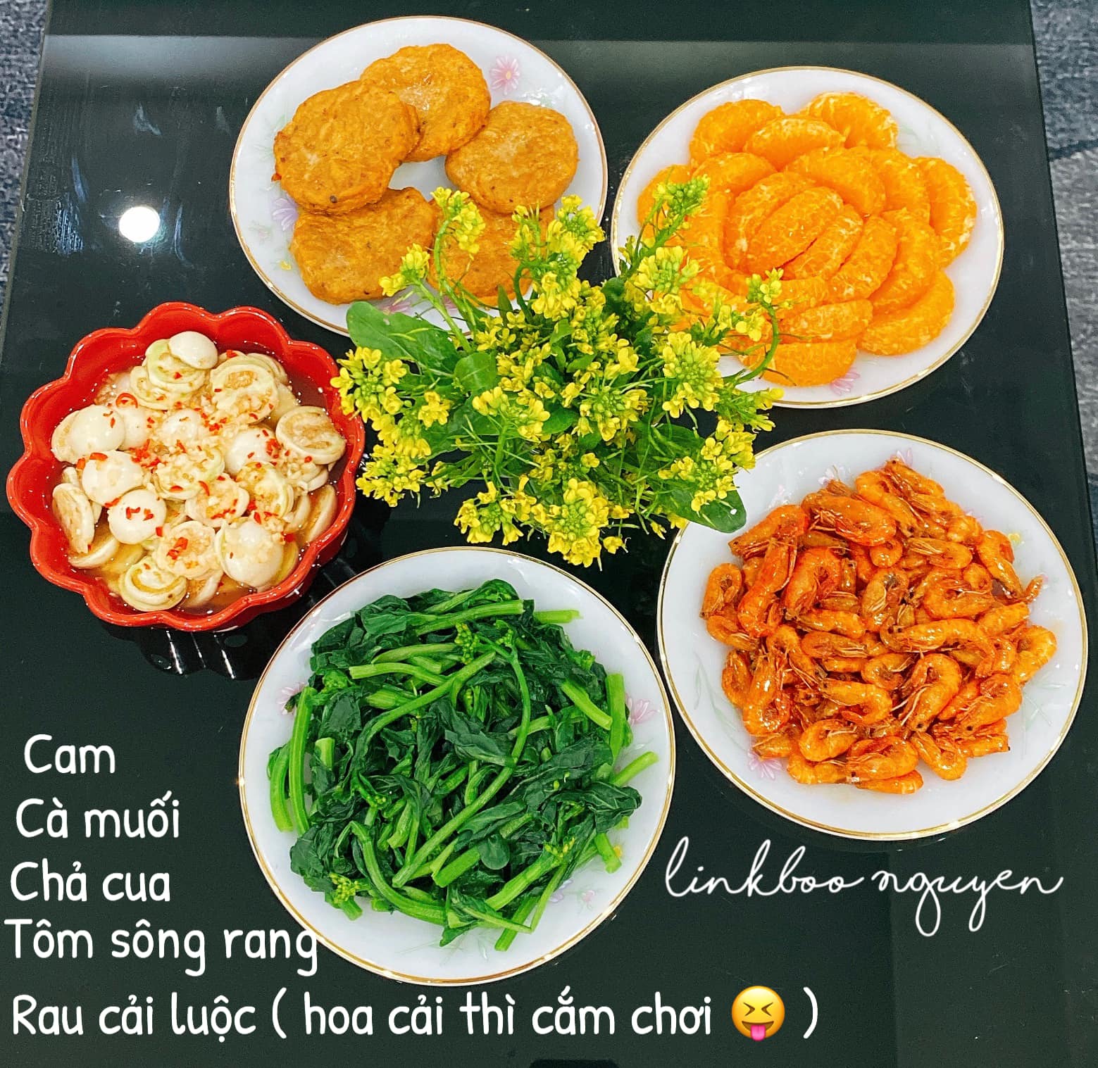 Chả cua - Tôm rang - Cà muối - Rau cải luộc - Cam