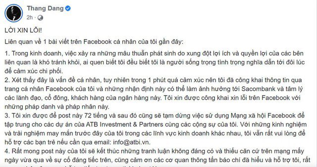 Facebook Thang Dang viết lời xin lỗi sau khi đăng thông tin xúc phạm Chủ tịch và ngân hàng Sacombank tháng 4-2023.