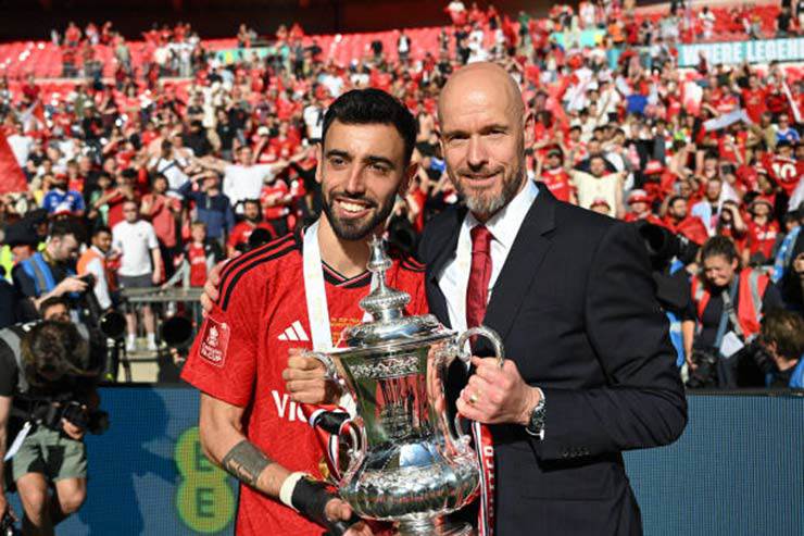 Bruno Fernandes và Ten Hag bên danh hiệu FA Cup