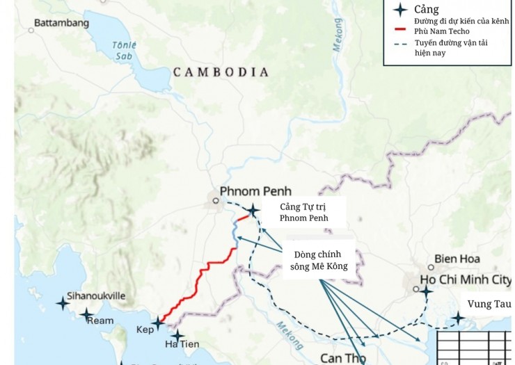 Bản đồ về dự án kênh đào Funan Techo trong tài liệu thông báo của Campuchia gửi Ủy hội sông Mekong. (Nguồn: Trung tâm Stimson)