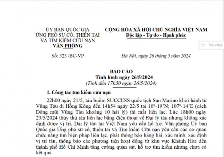 Văn phòng Ủy ban Quốc gia Ứng phó sự cố, thiên tai và Tìm kiếm cứu nạn báo cáo về tàu Success "mất tích".