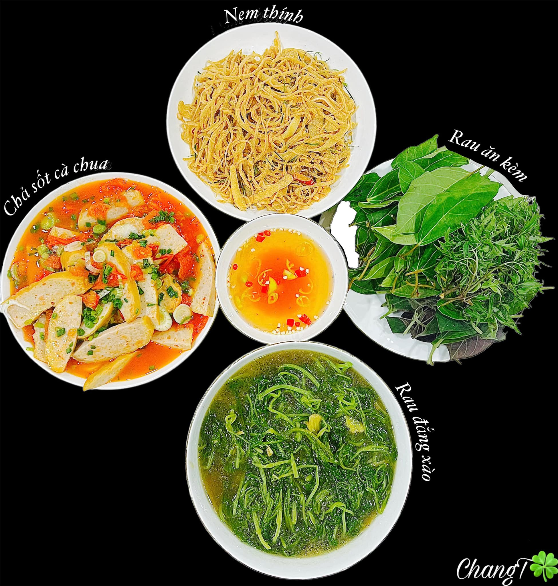 Chả sốt cà chua + Nem thính + Rau đắng xào