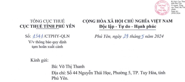 Thông báo quy định tạm hoãn xuất cảnh đã được gửi đến "Bông hồng vàng" Phú Yên