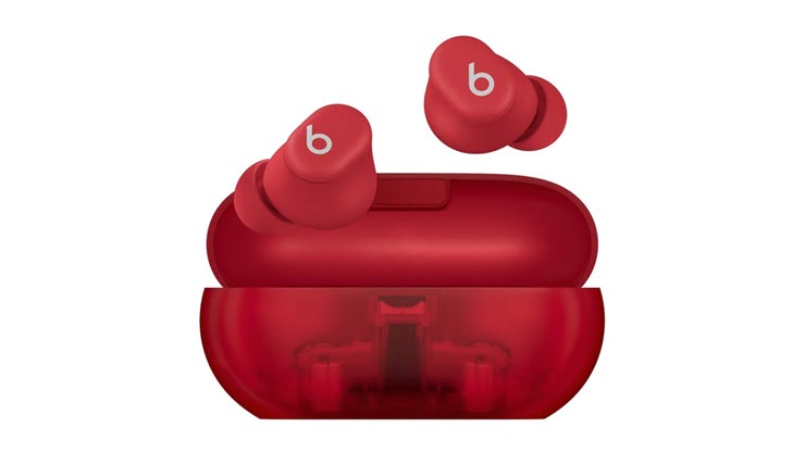 Apple's upcoming Beats Solo Buds headphones in transparent red version.