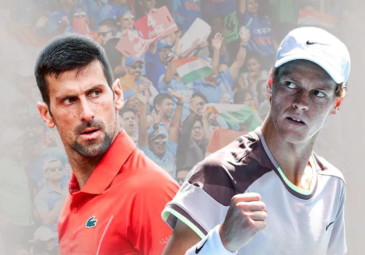 Djokovic (áo cam) tạm thời bị Sinner (áo trắng) soán ngôi đầu