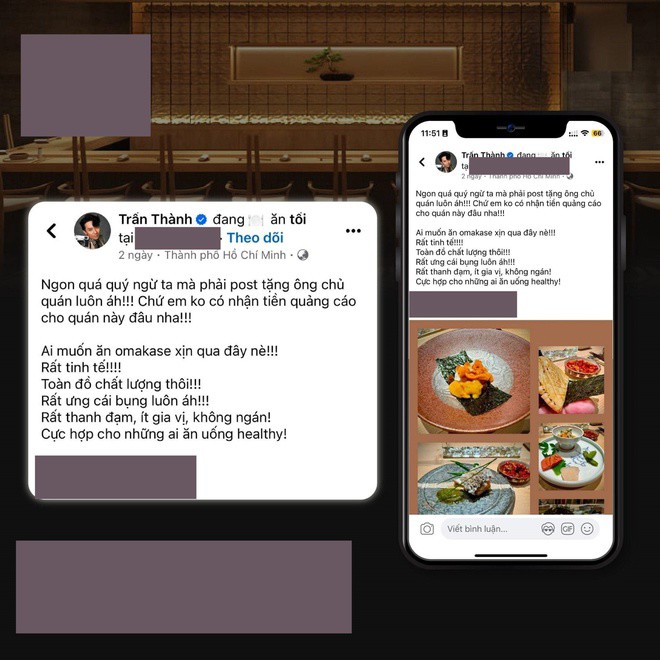 Một cô gái khá nổi tiếng trên mạng xã hội bức xúc khi đi ăn nhà hàng Omakase chung buổi với Trấn Thành và bị nhân viên yêu cầu kiểm tra điện thoại, xóa hình ảnh