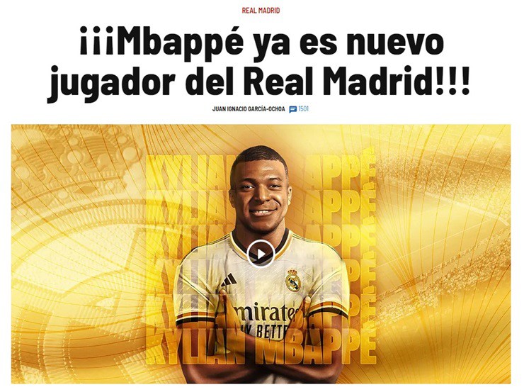 Tờ&nbsp;Marca gọi&nbsp;Mbappe đến Real Madrid là "bản hợp đồng thế kỷ"