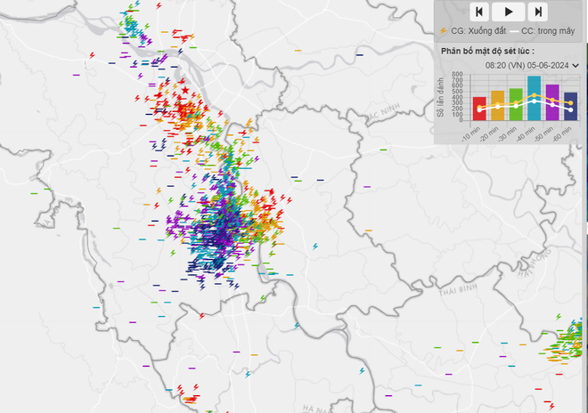 Bản đồ ghi nhận sét tại Hà Nội vào 8h20 phút sáng nay 5/6
