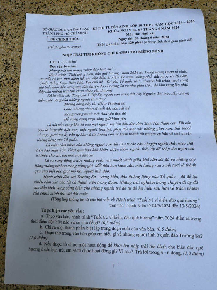 Đề thi môn Ngữ văn kỳ thi vào lớp 10 tại TP.HCM năm 2024 - 1