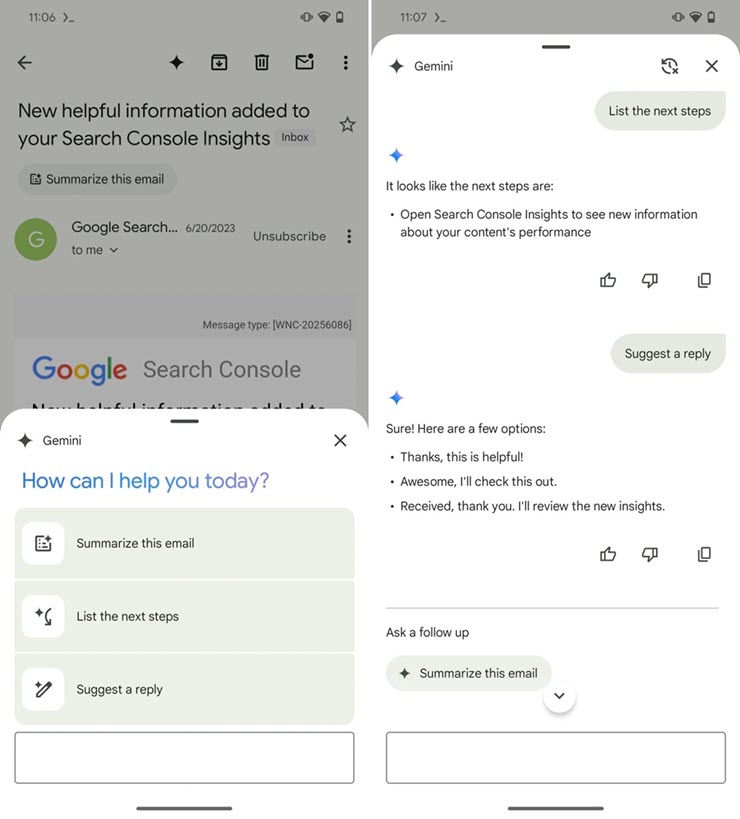 AI feature buttons in the Gmail app for Android.