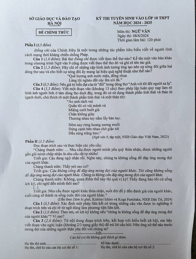 &#39;Đồng chí&#39; vào đề Văn thi lớp 10 của Hà Nội năm 2024 - 1