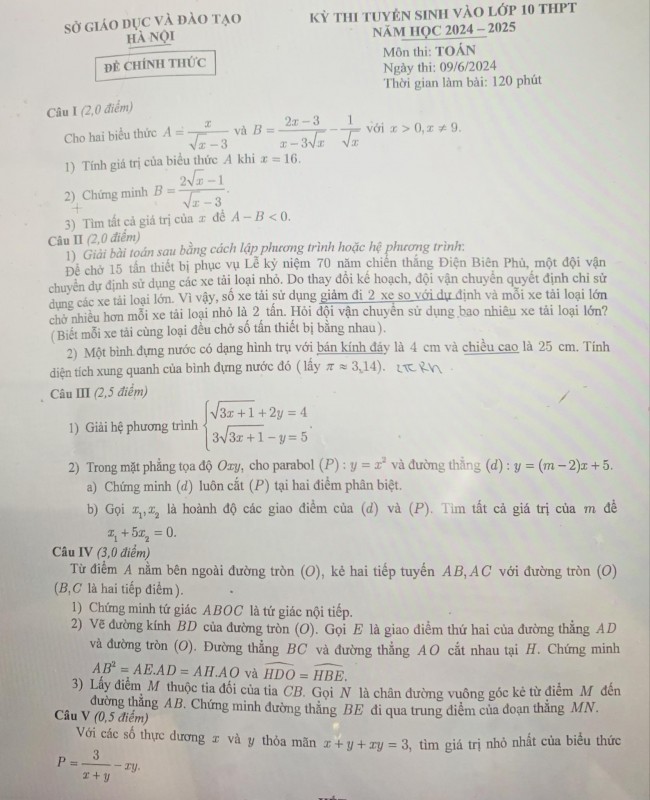 Đề thi môn Toán vào lớp 10 của Hà Nội năm học 2024-2025.