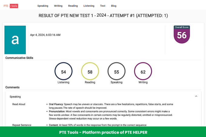 PTE Tools - phần mềm luyện thi PTE có chức năng chấm điểm. Ảnh: PTE Helper