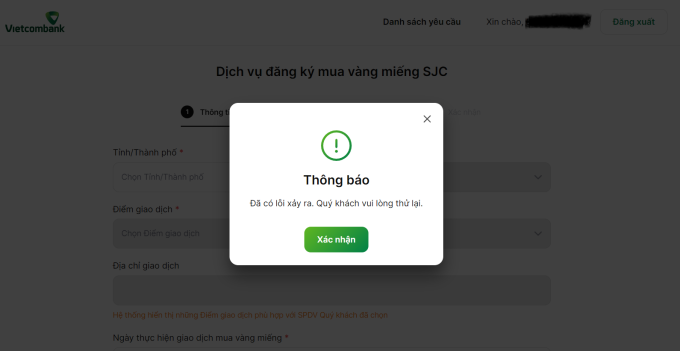 Thông báo lỗi trên hệ thống đặt trước mua vàng miếng của Vietcombank lúc 9h sáng nay. Ảnh: Minh Sơn