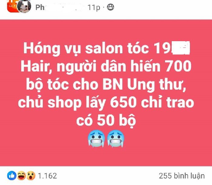 Thông tin về vụ "ăn chặn" tóc từ thiện từ một salon tóc, thu hút hàng nghìn lượt quan tâm và bình luận