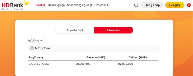 Một ngân hàng niêm yết giá vàng miếng SJC bán ra với giá 82 triệu đồng/lượng trưa 14/6. Ảnh: U.P