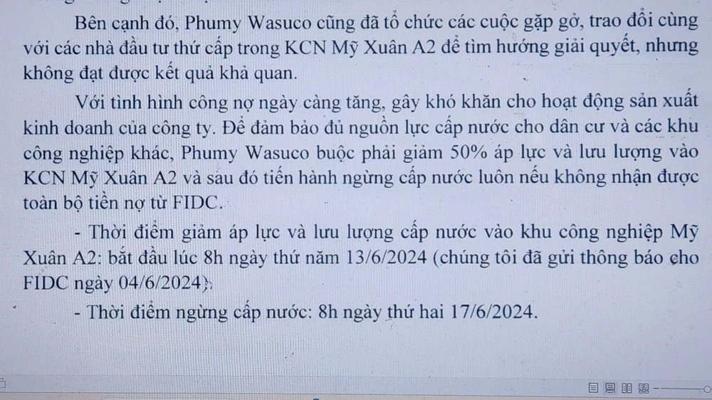 Báo cáo ngày 14-6 của công ty Cổ phần cấp nước Phú Mỹ về thời gian ngừng cấp nước vào KCN Mỹ Xuân A2