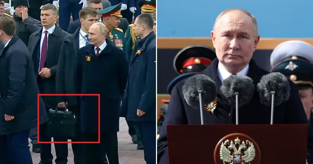 Tổng thống Nga Vladimir Putin phát biểu trên Quảng trường Đỏ dịp kỷ niệm Chiến thắng phát xít 9/5/2024 và trợ lý cầm vali đen được cho là Cheget. Ảnh: Reuters.