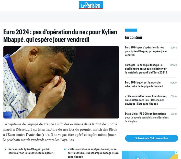 Tờ Le Parisien tiết lộ Mbappe không phẫu thuật