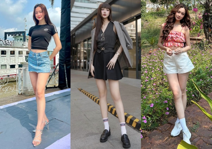 Khi xuống phố hoặc du lịch, Bảo Ngọc chọn phong cách trẻ trung gồm chân váy, short jeans phối áo thun, gilet.