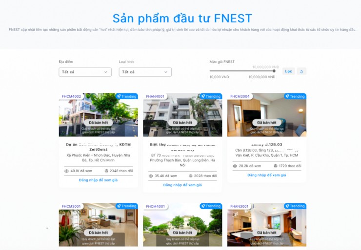 Fnest giới thiệu các bất động sản gồm căn hộ, shophouse, biệt thự ở Hà Nội, TP.HCM hiện đều hiển thị trạng thái đã bán hết. Nhà đầu tư muốn mua sẽ phải mua trên thị trường thứ cấp (mua qua bán lại). Ảnh chụp màn hình ngày 20/6.&nbsp;