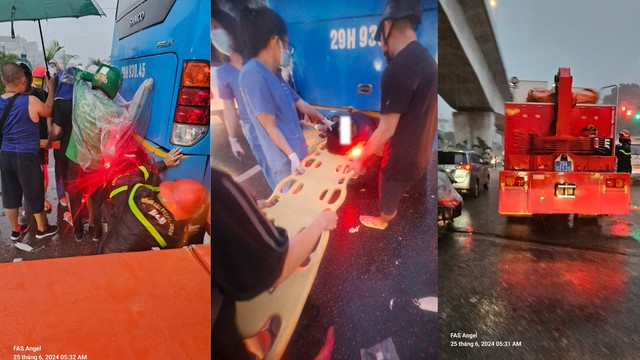 Lực lượng chức năng đã cùng người dân cứu thành công 1 người mắc kẹt dưới gầm ô tô sau tai nạn giao thông trong thời tiết mưa lớn sáng 25/6 tại Hà Đông. (Ảnh FAS Angel)