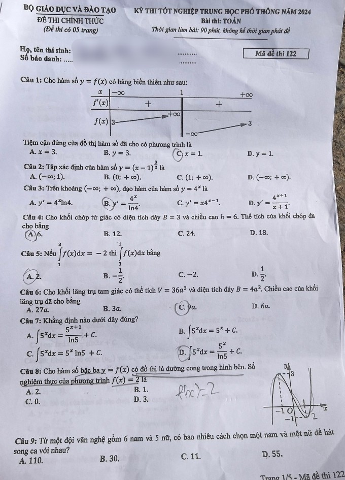 Đề Toán thi tốt nghiệp THPT năm 2024 - 1