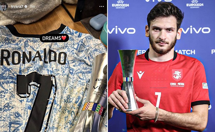 Kvaratskhelia received the best player of the match award and showed off Ronaldo's shirt