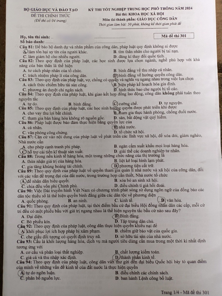 Đề thi môn Giáo dục công dân tốt nghiệp THPT 2024 - 1