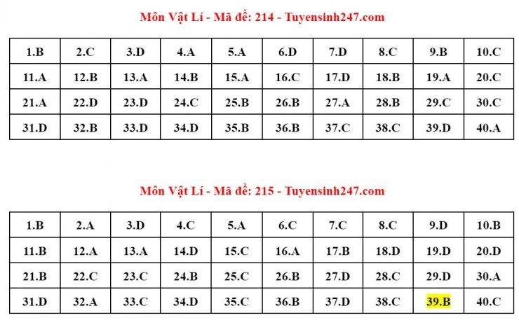 Đáp án tham khảo môn Vật lý thi tốt nghiệp THPT năm 2024 - 24 mã đề - 9