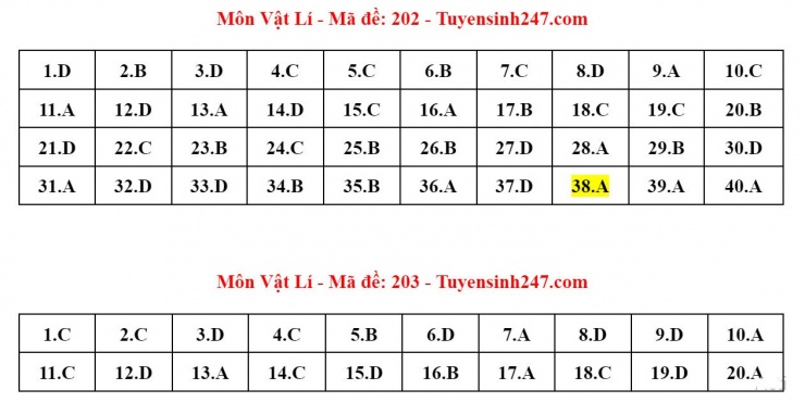 Đáp án tham khảo môn Vật lý thi tốt nghiệp THPT năm 2024 - 24 mã đề - 2