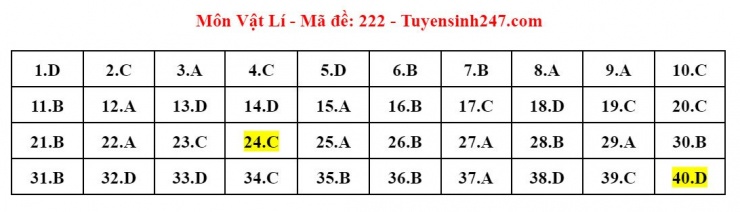 Đáp án tham khảo môn Vật lý thi tốt nghiệp THPT năm 2024 - 24 mã đề - 13