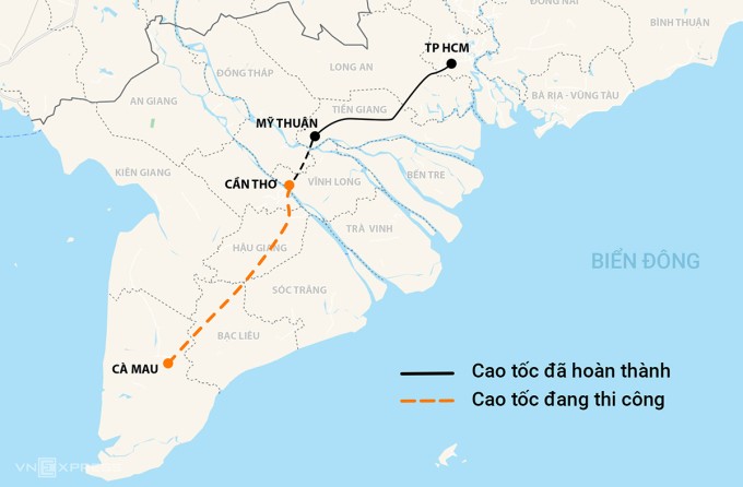 Hướng tuyến cao tốc Cần Thơ - Hậu Giang - Cà Mau. Đồ họa: Mạnh Cường