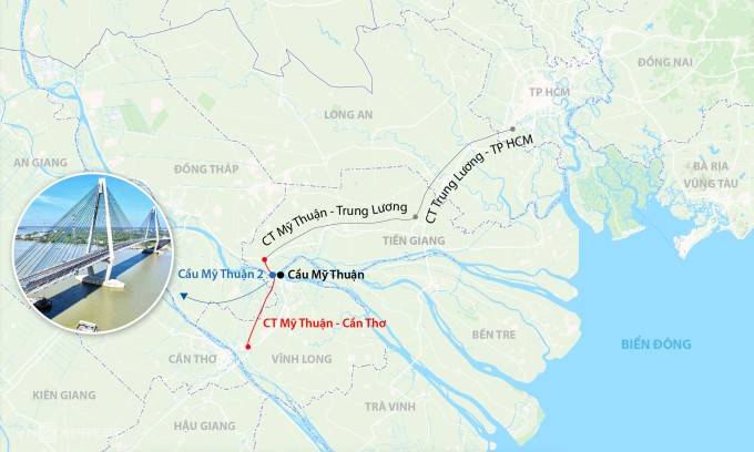 Hướng tuyến cao tốc Mỹ Thuận - Cần Thơ. Đồ hoạ: Đăng Hiếu