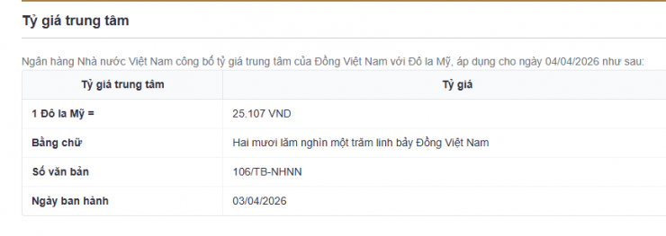 Tỷ giá trung tâm sáng nay vẫn giữ giá phiên 4/4. Nguồn: sbv.