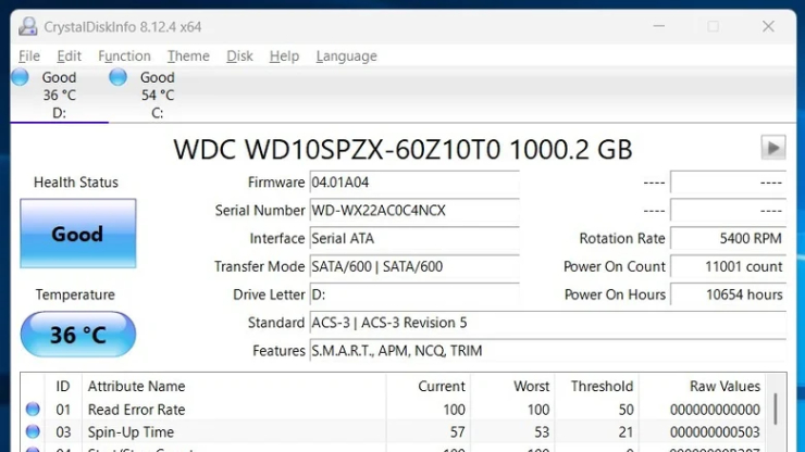 Giao diện kiểm tra tình trạng sức khỏe ổ cứng.