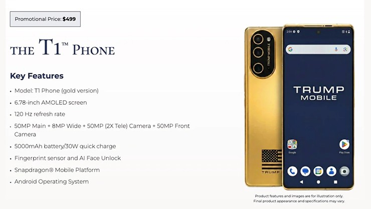 Thông tin mới về T1 Phone trên trang web Trump Mobile.