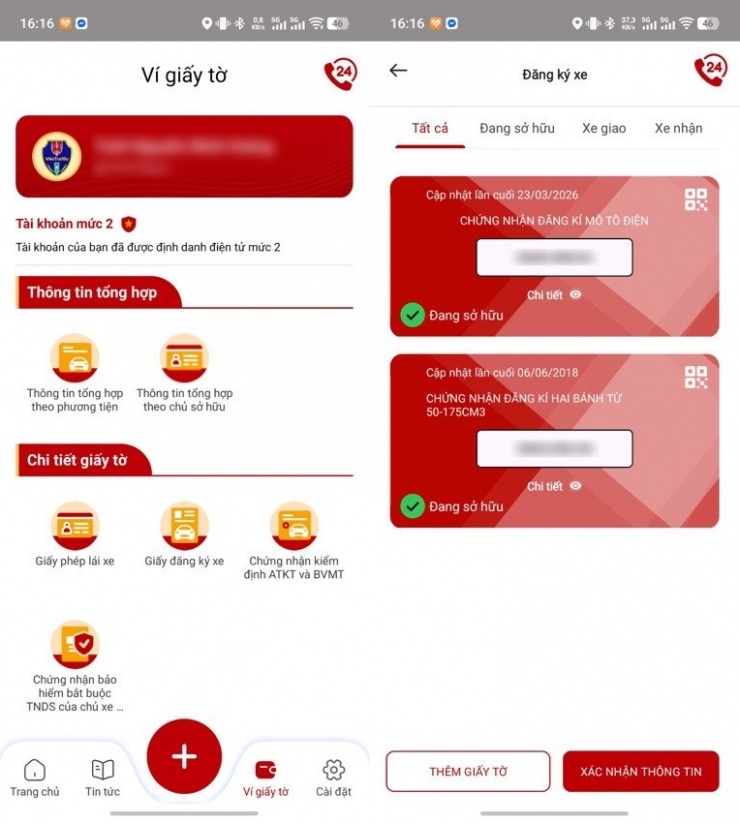 Tích hợp giấy đăng ký xe, giấy phép lái xe trên ứng dụng VNeTraffic. Ảnh chụp màn hình