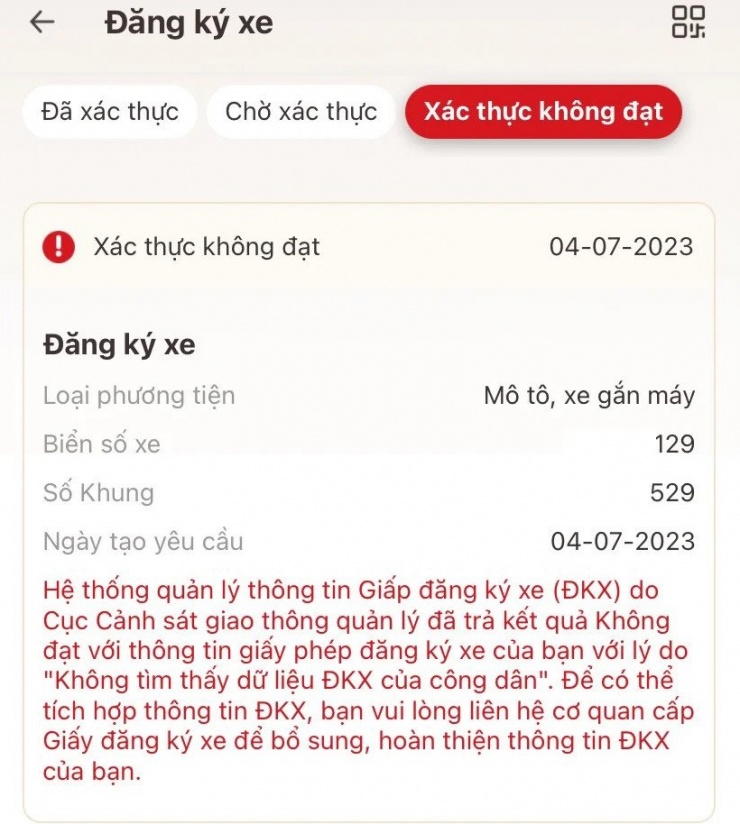 Ứng dụng VNeID báo lỗi xác thực không đạt. Ảnh chụp màn hình