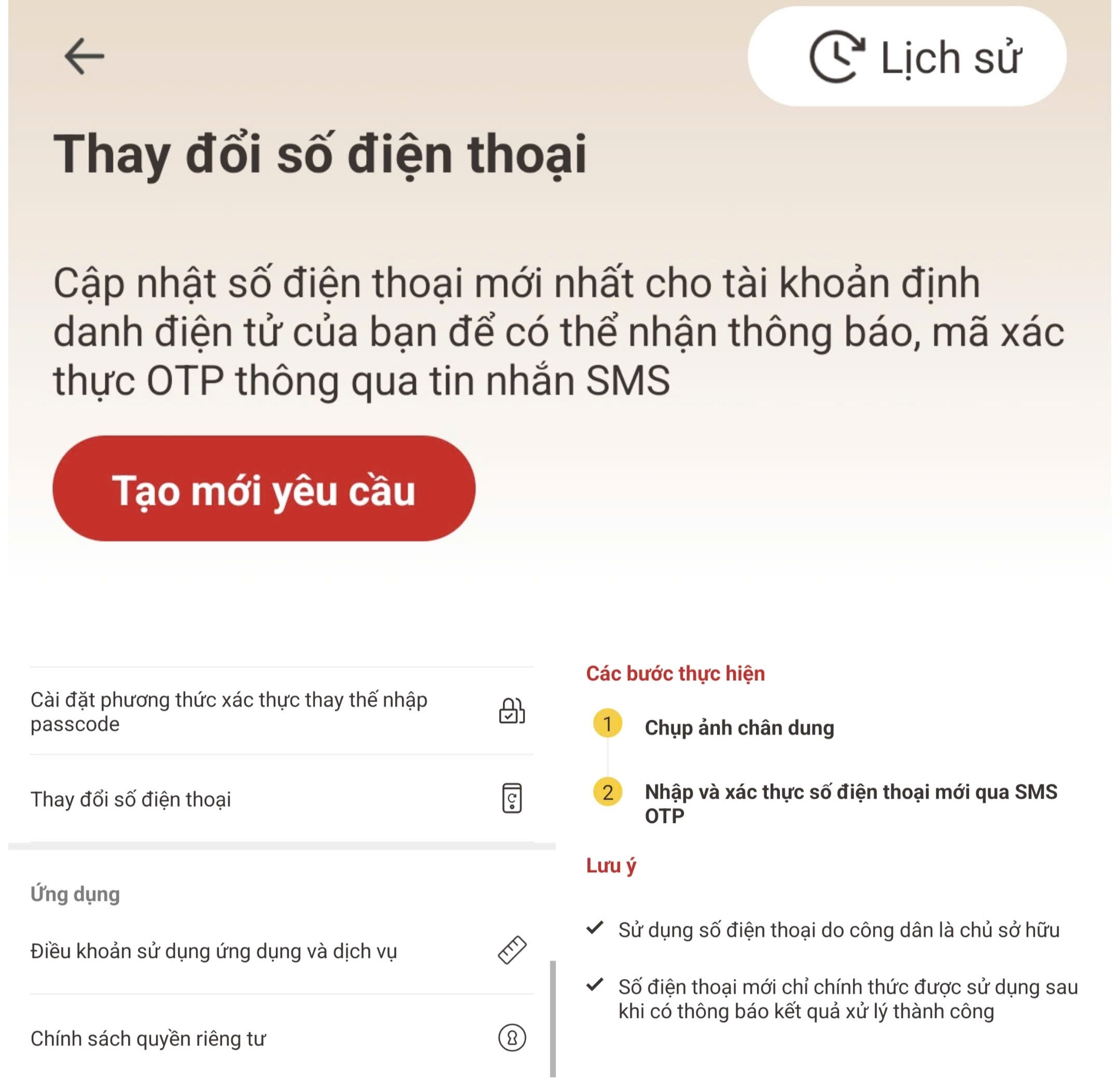 Các thao tác thay đổi số điện thoại liên kết của tài khoản VNeID.