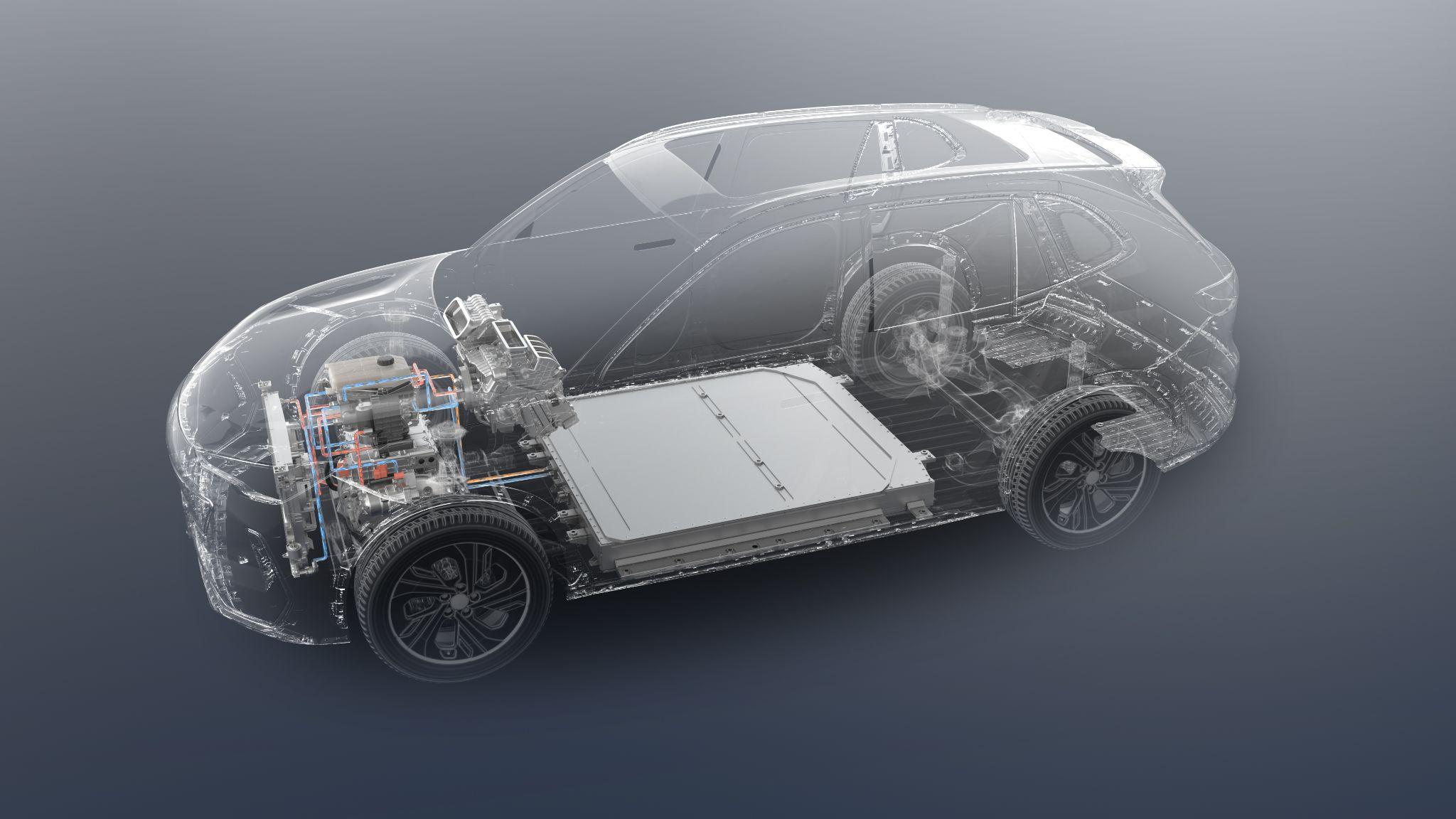 Ảnh minh họa cấu trúc bên trong xe với bộ pin đặt dưới sàn và hệ truyền động bố trí phía trước, góp phần tối ưu không gian, khả năng vận hành và hiệu quả sử dụng năng lượng.