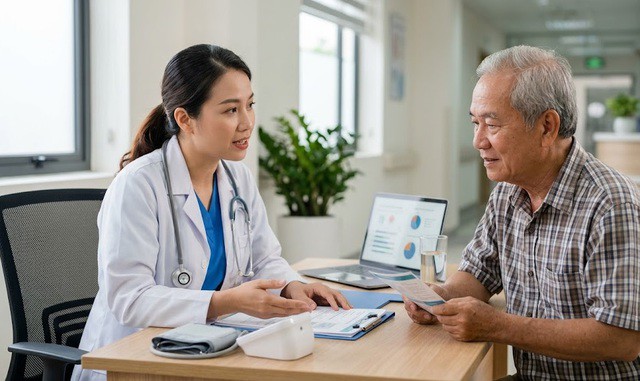 Bác sĩ tư vấn sức khỏe cho người lớn tuổi, giúp phát hiện sớm bệnh và giảm chi phí điều trị - Hình minh họa