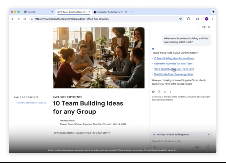 Gemini trong Chrome có thể hoạt động với ngữ cảnh của nhiều tab.