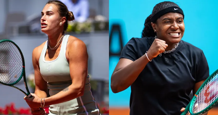 Sabalenka (bên trái) có 6 match point nhưng vẫn để thua trước Baptiste (bên phải)