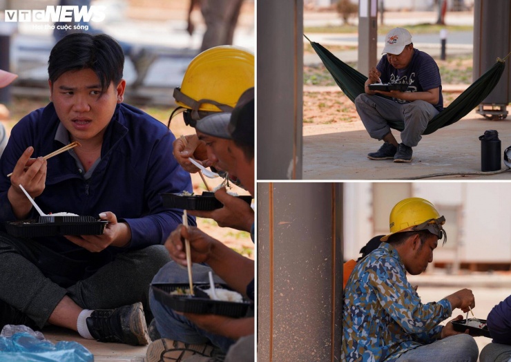 Bữa cơm vội của công nhân sân bay Long Thành giữa thời tiết nắng gắt.
