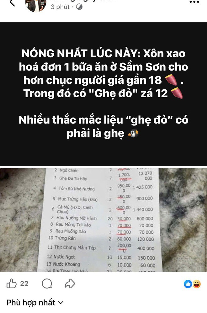 Xôn xao hóa đơn bữa ăn gần 18 triệu đồng, trong đó ghẹ đỏ 1,7 triệu đồng/kg ở Sầm Sơn - 1