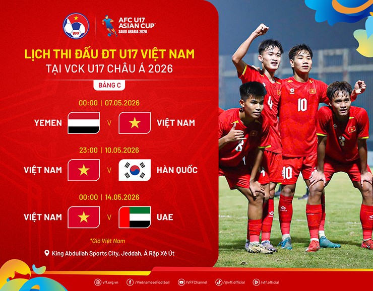 Lịch thi đấu của U17 Việt Nam ở bảng C vòng chung kết U17 châu Á 2026.