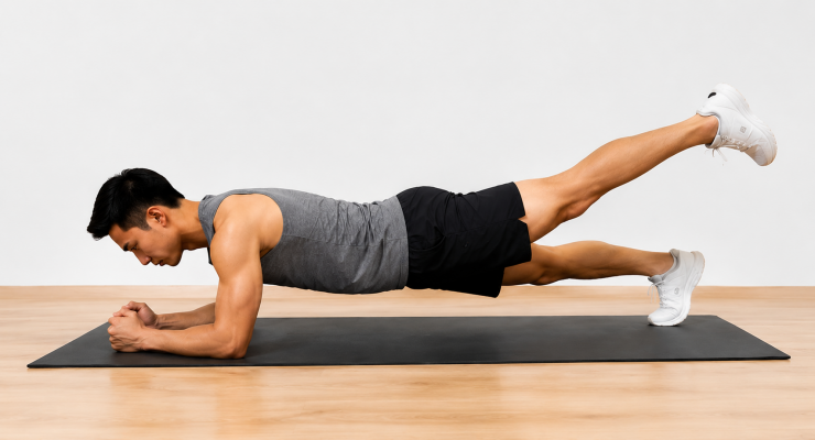 Plank nâng chân giúp tăng hoạt động của cơ mông và cơ đùi sau.